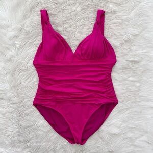 Ralph Lauren Fuchsia Hot Pink Ruched Plunge V-Neck One Piece Swimsuit 18W